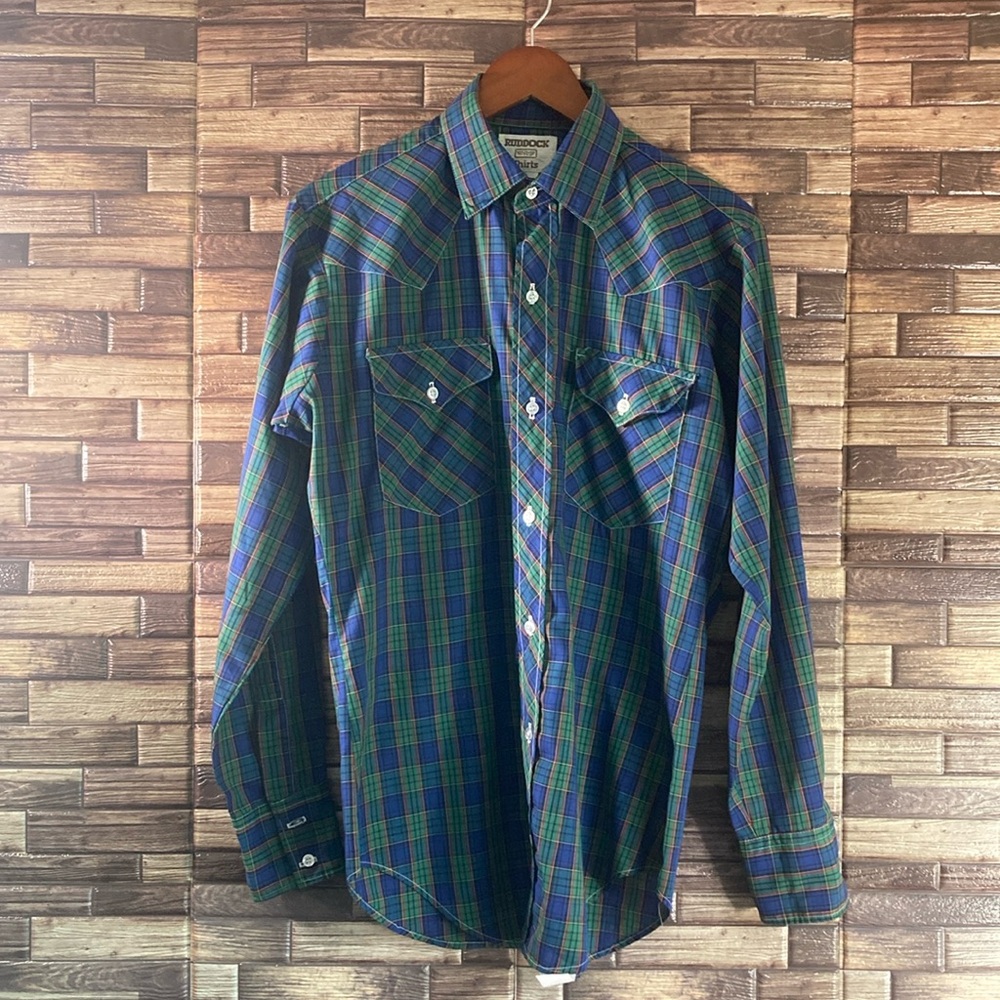 Vintage Mens Blue Green Plaid Western Ruddock Small Button Down
